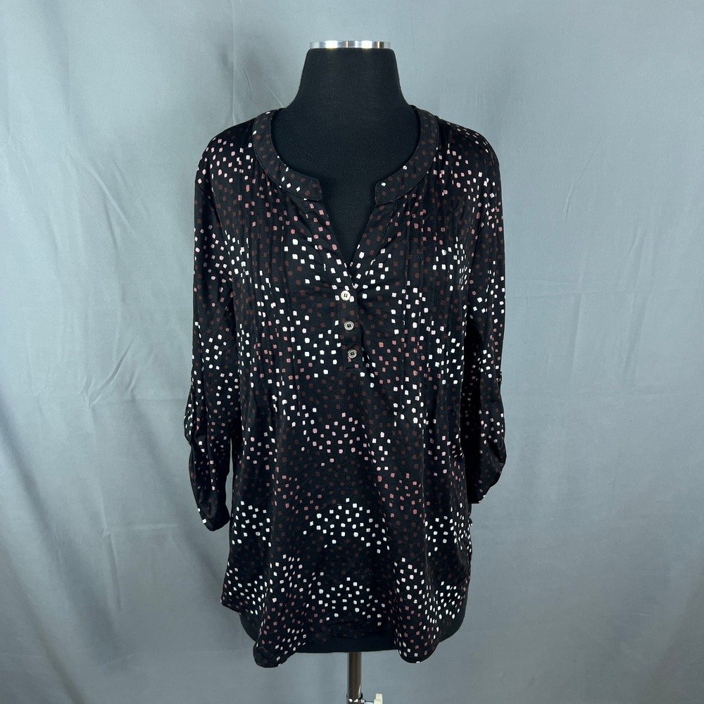 Ny Collection Blouse Top Womens XL Multi Geometric Dot Roll Tab Sleeve V Neck